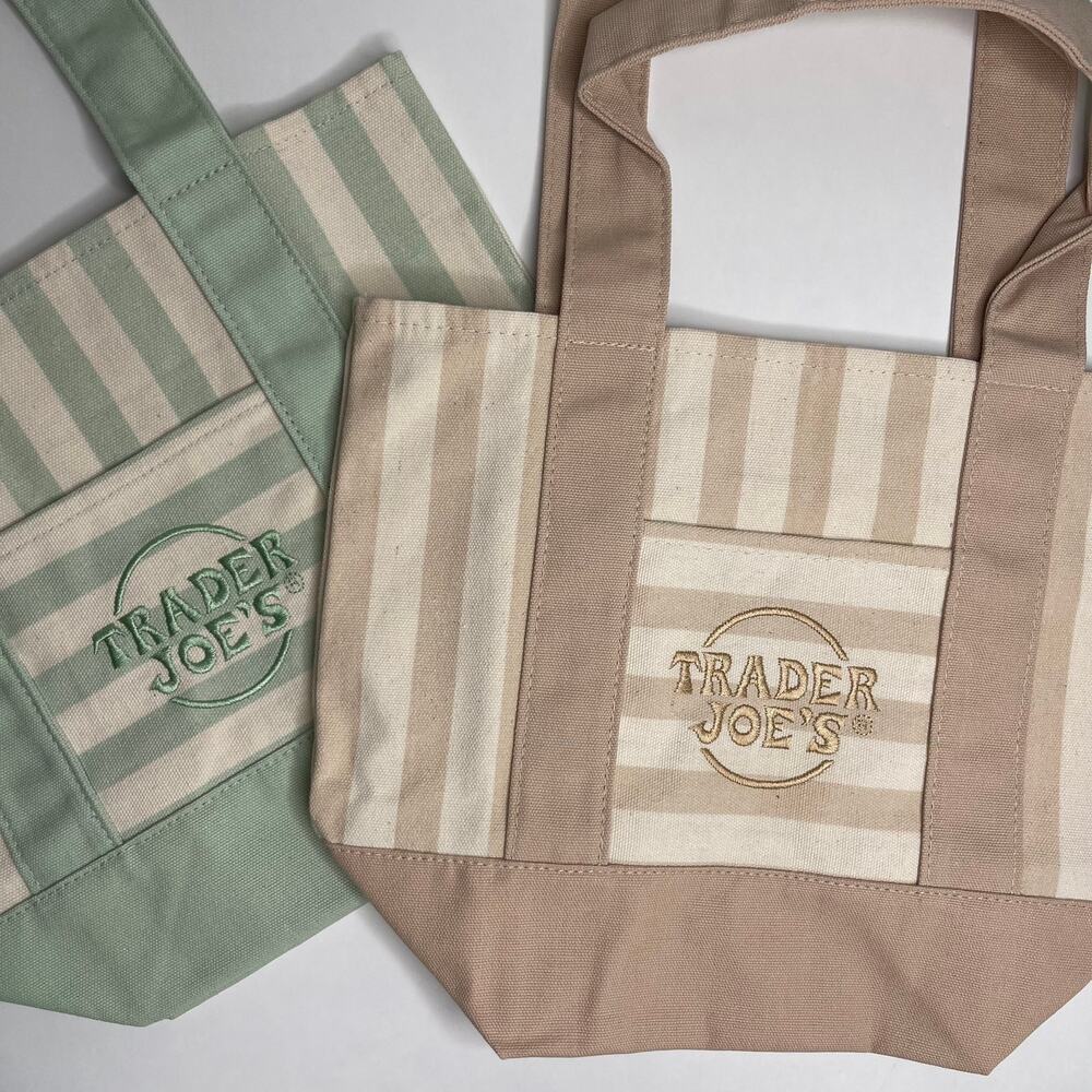 Set of 2 — Trader Joe’s Canvas MINI Tote Bags! — PASTEL STRIPE GREEN + KHAKI TAN